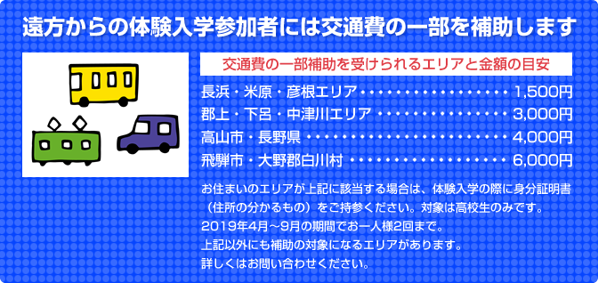 遠方からの体験入学参加者には交通費の一部を補助します